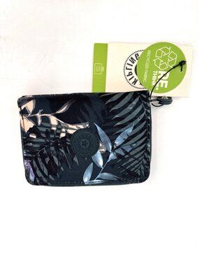 Kipling Money Love Bifold Wallet Black Nylon Snap Zip Floral Card ID Coin Multi